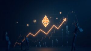 Encabezado fotorrealista: logotipo de Ethereum brillante sobre un gráfico ascendente con siluetas de inversores y tokens flotando.