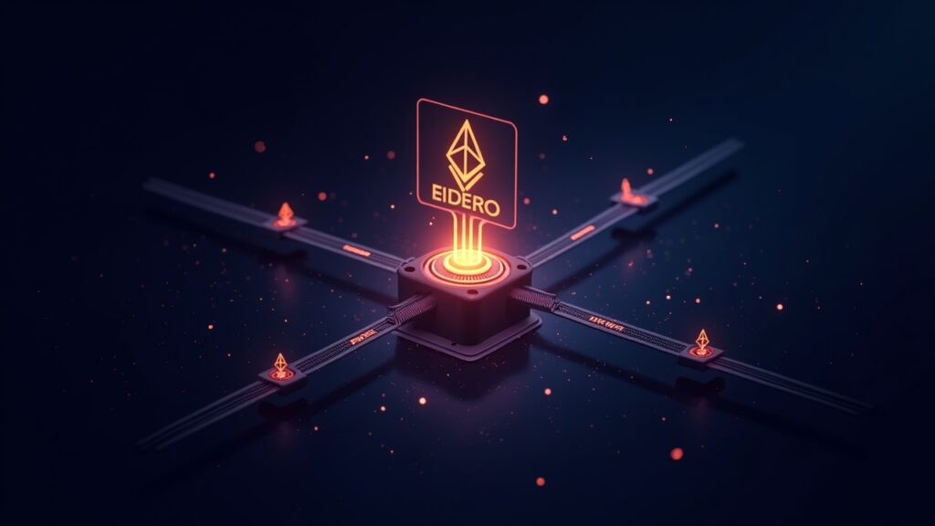 encabezado fotorrealista de un equipo de validación con glifos de ETH fluyendo hacia un panel de entrada luminoso junto a un panel de salida más pequeño