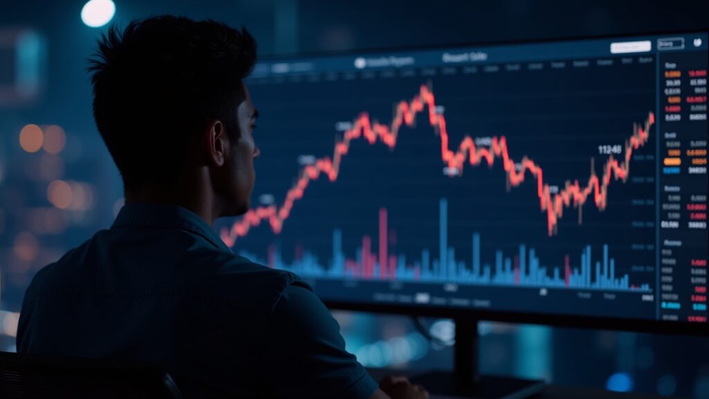 Panel fotorrealista de Ethereum que muestra gráficos de futuros de blockspace, curvas de gas brillantes y un trader monitoreando costos.