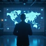Ejecutivo de negocios en una elegante sala de redacción; el resplandor de ETH se transforma en activos tokenizados del mundo real sobre una cuadrícula holográfica.