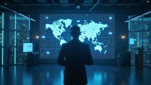 Ejecutivo de negocios en una elegante sala de redacción; el resplandor de ETH se transforma en activos tokenizados del mundo real sobre una cuadrícula holográfica.