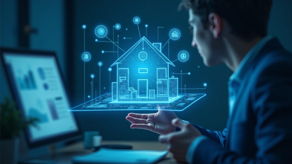 Un profesional revisa un gráfico holográfico de préstamos de vivienda tokenizados en una pantalla de cadena de bloques con los logotipos azules de ETHZilla y Zippy.