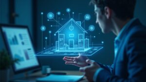 Un profesional revisa un gráfico holográfico de préstamos de vivienda tokenizados en una pantalla de cadena de bloques con los logotipos azules de ETHZilla y Zippy.