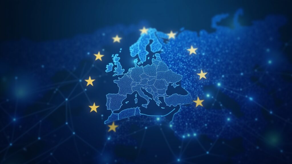 Imagen fotorrealista: emblema del regulador sobre una red de cadena de bloques con una bandera de la UE en una sala de redacción moderna.