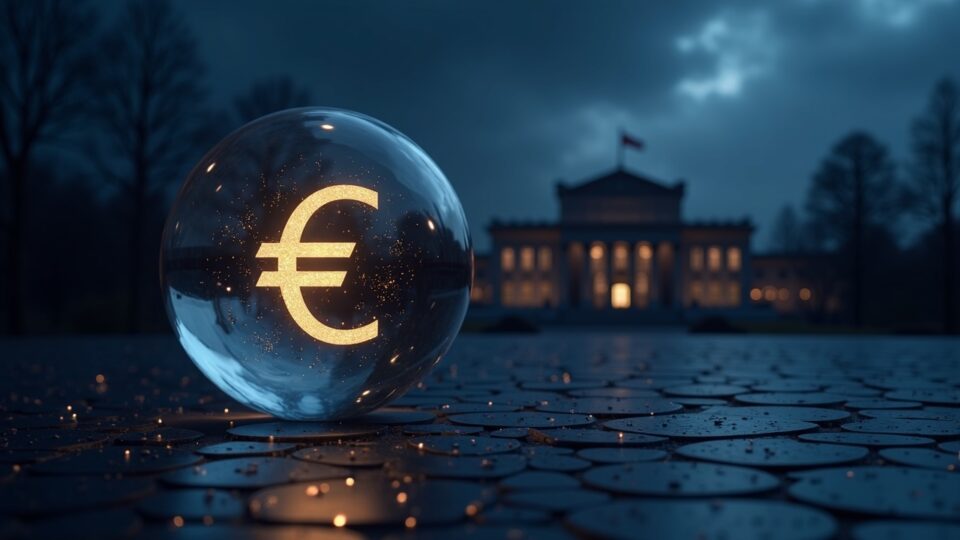 Símbolo de euro brillante dentro de una esfera de vidrio con texturas de circuitos y la silueta del Parlamento Europeo.