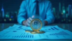 Encabezado fotorrealista: ejecutivo bancario, moneda euro holográfica sobre un libro mayor digital y documentos regulatorios, horizonte azul