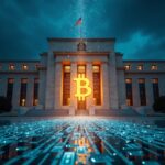 Edificio realista de la Fed con corrientes holográficas de dólares fluyendo hacia los mercados, Bitcoin en el centro y pantallas con cotizaciones del mercado.