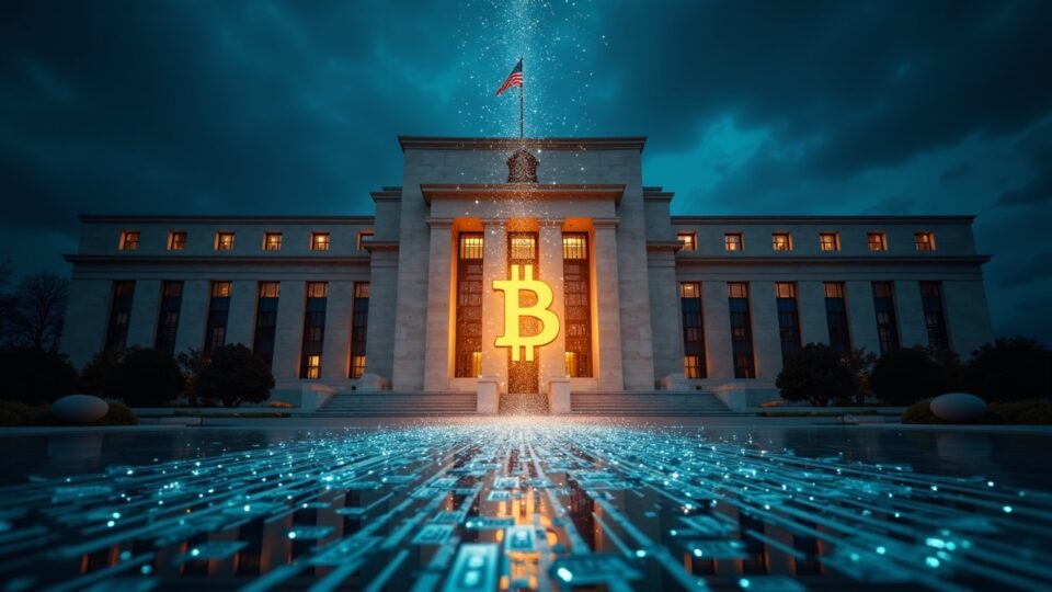 Edificio realista de la Fed con corrientes holográficas de dólares fluyendo hacia los mercados, Bitcoin en el centro y pantallas con cotizaciones del mercado.
