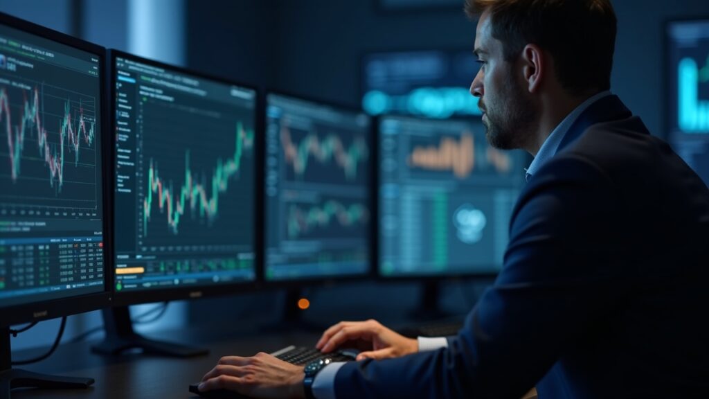 Escena fotorrealista de una sala de redacción que muestra a un ejecutivo financiero monitoreando tokens de acciones en cadena basados en Solana y una interfaz de ATS.