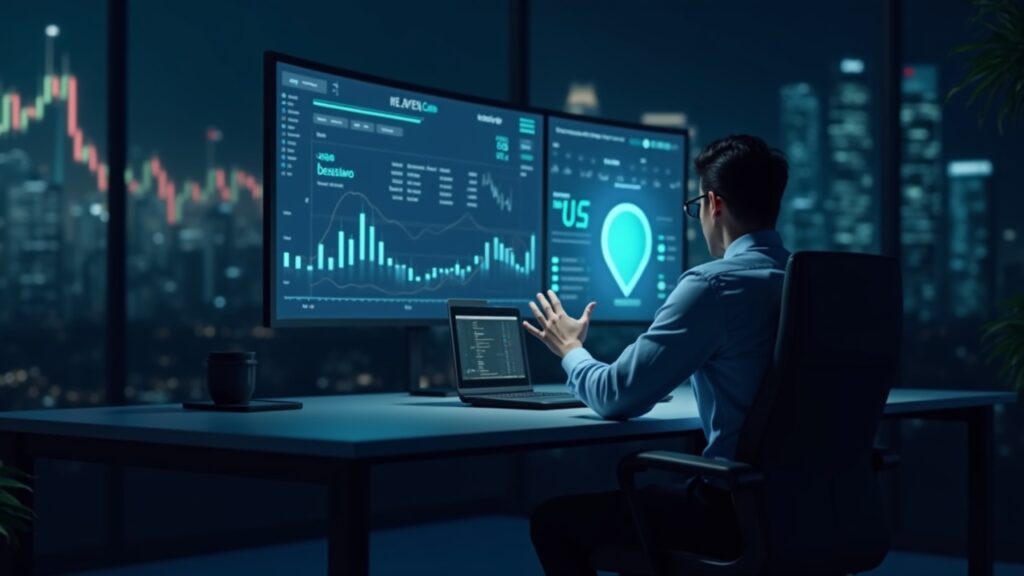 Sala de redacción fotorrealista: un operador estudia un panel holográfico de Filecoin que muestra una pronunciada caída de precio con gráficos del mercado.