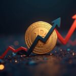 Moneda Filecoin fotorrealista con un gráfico de precio en alza y flechas de entrada en una sala de redacción, estética moderna de medios cripto.