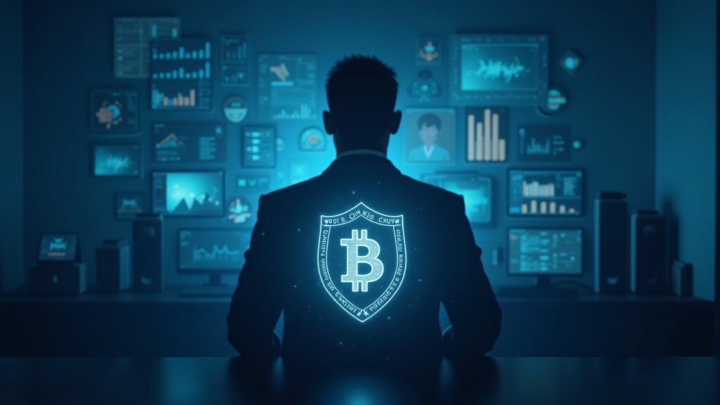 Silueta de un ejecutivo cauteloso en una sala de prensa moderna con un orbe de Bitcoin brillante y cadenas cripto como escudo.
