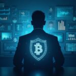 Silueta de un ejecutivo cauteloso en una sala de prensa moderna con un orbe de Bitcoin brillante y cadenas cripto como escudo.