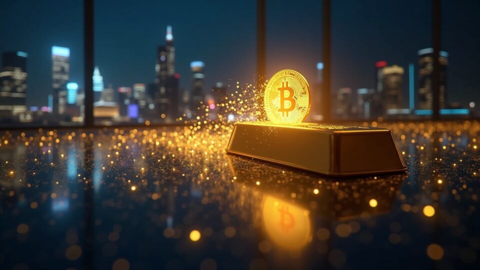 Una barra de oro fotorrealista se transforma en un token digital brillante sobre un libro mayor blockchain, con el horizonte de Singapore y el logotipo de MAS.