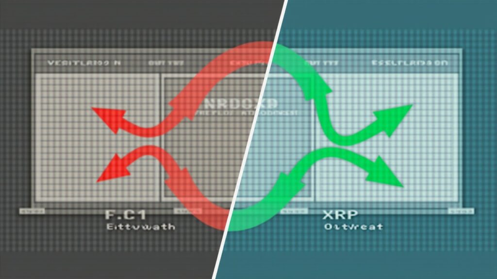 Sala de redacción en pantalla dividida: a la izquierda salidas de BTC/ETH con flechas rojas; a la derecha entradas de XRP con flechas verdes, documentos regulatorios en el fondo.