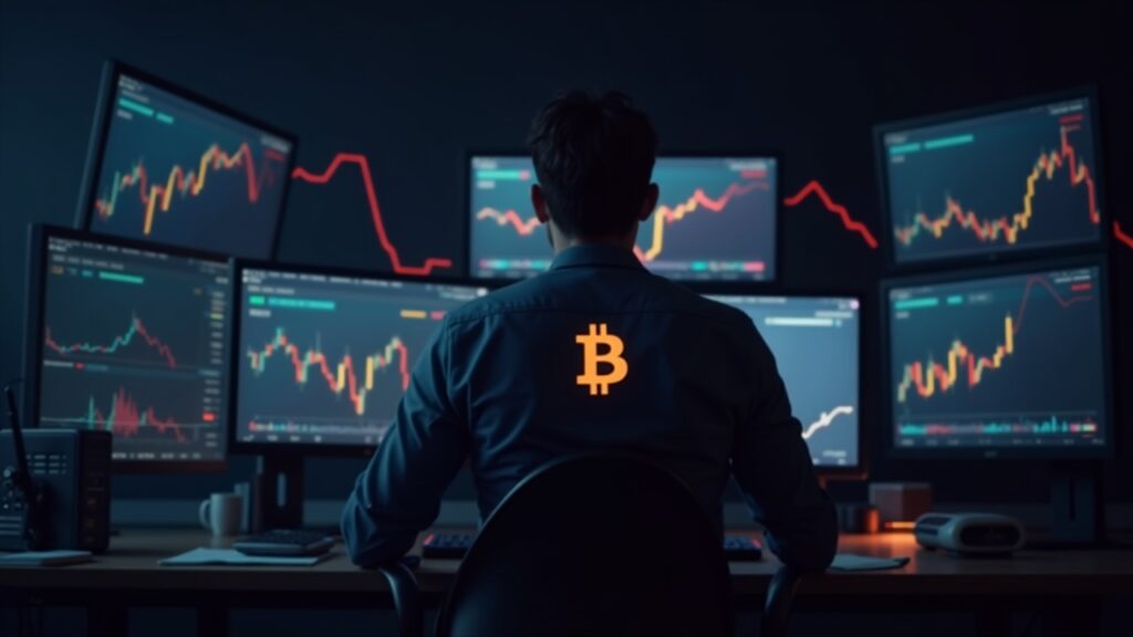 analista fotorrealista en un escritorio con gráficos de volatilidad de bitcoin, flechas rojas de criptomonedas y un gran logotipo de bnb que señala aversión al riesgo.