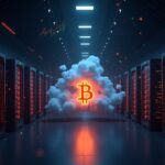 Centro de datos de minería de bitcoin futurista con GPUs brillantes que forman un emblema de Bitcoin, paneles de nube de IA y gráficos bursátiles en ascenso.