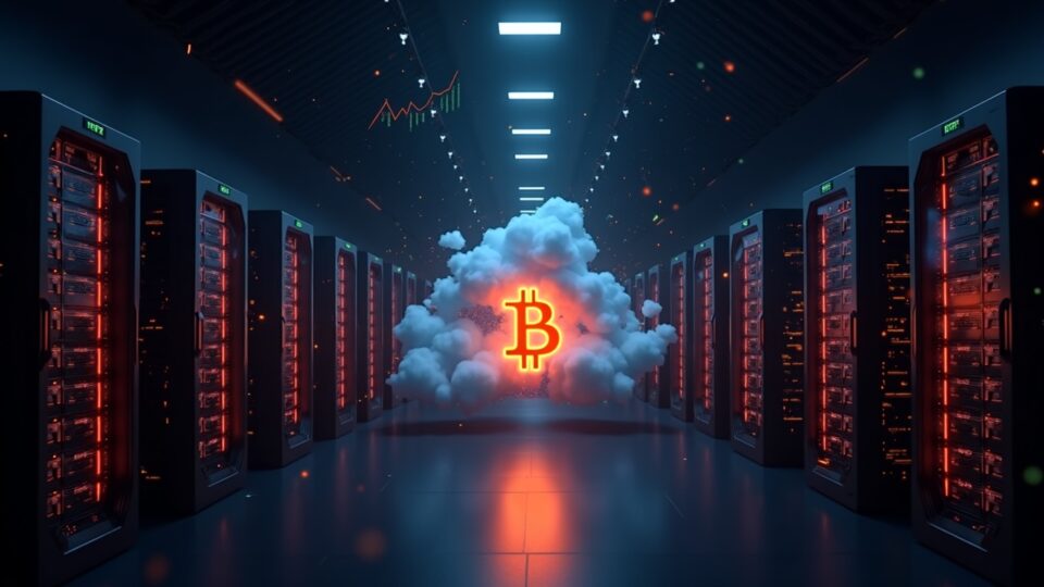 Centro de datos de minería de bitcoin futurista con GPUs brillantes que forman un emblema de Bitcoin, paneles de nube de IA y gráficos bursátiles en ascenso.