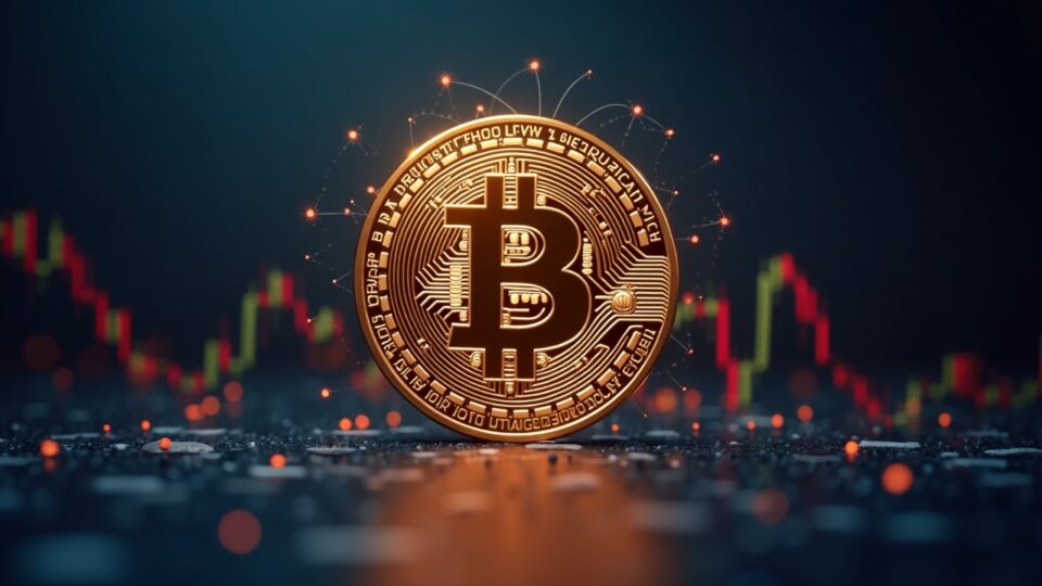 Emblema realista de Bitcoin centrado con gráficos holográficos que muestran la volatilidad de 2026 y el ascenso a $250k en 2027 en la sala de prensa.