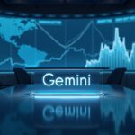 Photorealistic newsroom with a Gemini logo on a glass desk, rising prediction-market charts, and a subtle CFTC seal.