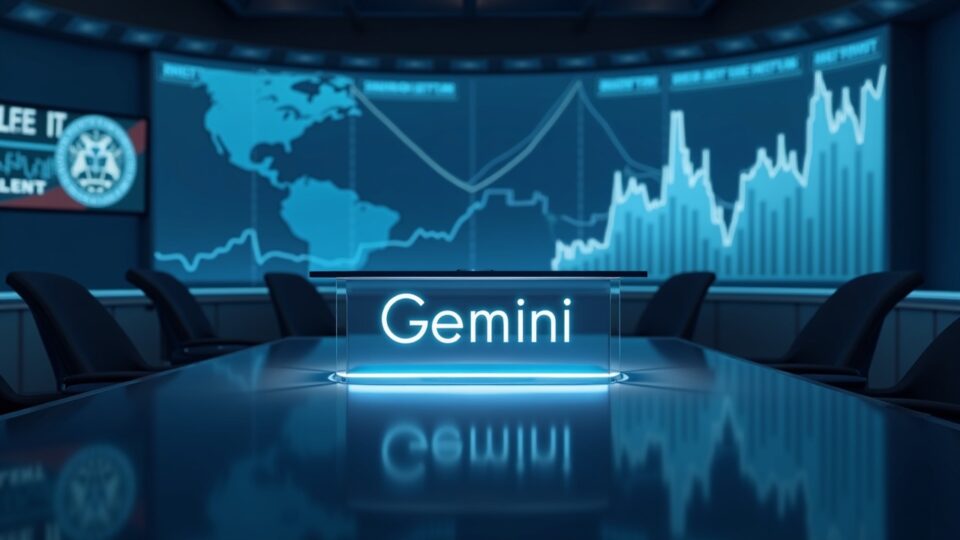 Photorealistic newsroom with a Gemini logo on a glass desk, rising prediction-market charts, and a subtle CFTC seal.