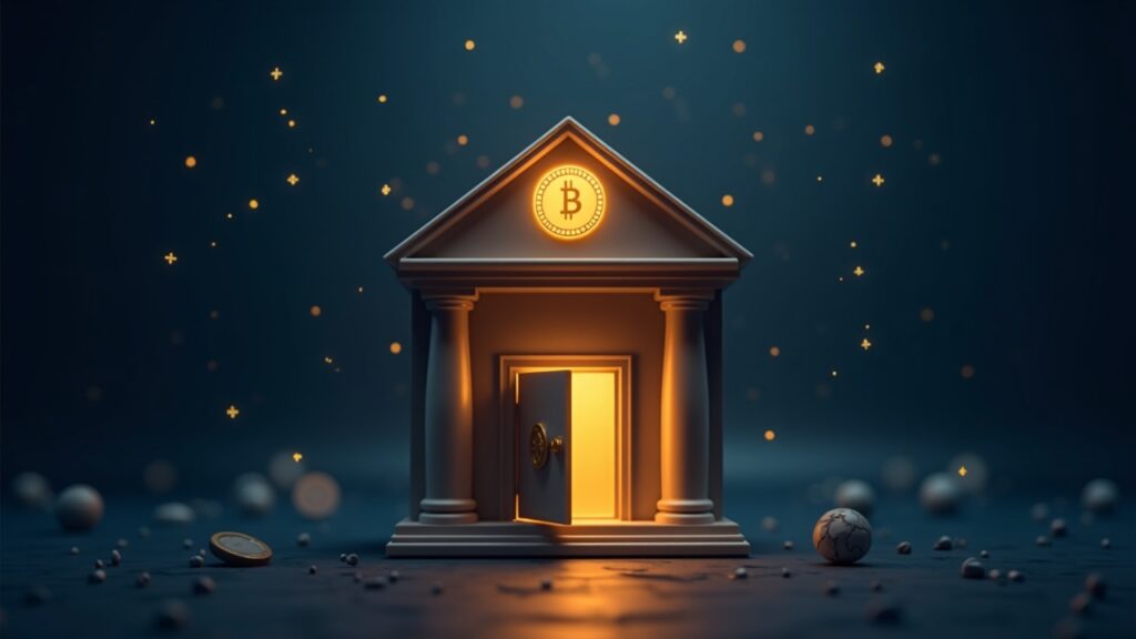 Fachada bancaria fotorrealista con una stablecoin digital brillante sobre una bóveda, vinculada por redes para simbolizar la emisión regulada respaldada por reservas.