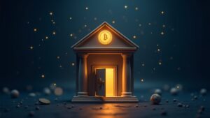 Fachada bancaria fotorrealista con una stablecoin digital brillante sobre una bóveda, vinculada por redes para simbolizar la emisión regulada respaldada por reservas.