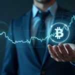Ejecutivo con traje oscuro con un gráfico holográfico y un sutil icono de Bitcoin, simbolizando el acuerdo de Innovator de Goldman Sachs y la exposición cripto.