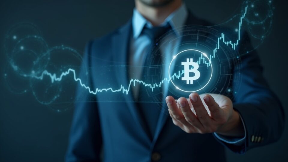 Ejecutivo con traje oscuro con un gráfico holográfico y un sutil icono de Bitcoin, simbolizando el acuerdo de Innovator de Goldman Sachs y la exposición cripto.