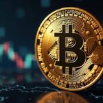 Primer plano de una moneda Bitcoin con un símbolo central de Bitcoin junto a un gráfico ajustado por inflación (línea base 2020), en un entorno de sala de redacción limpio.