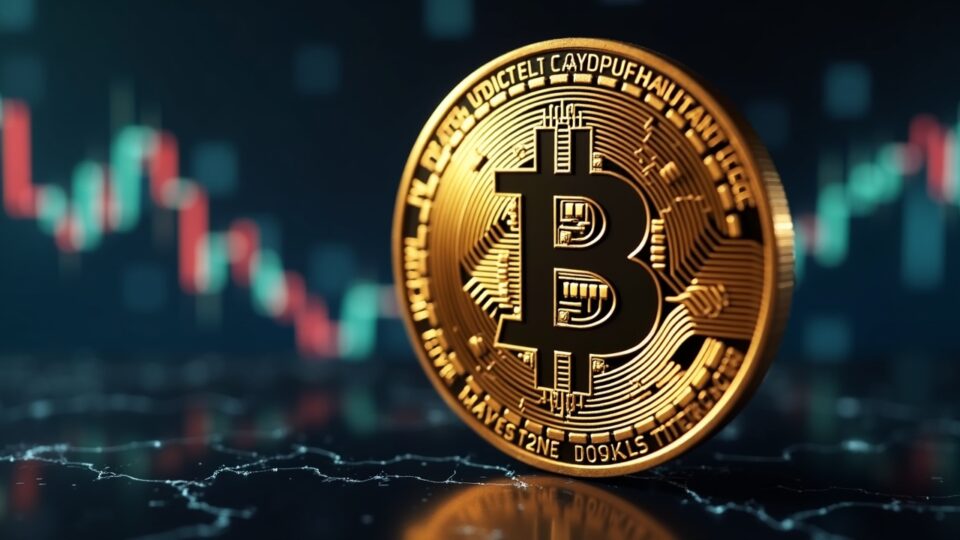 Primer plano de una moneda Bitcoin con un símbolo central de Bitcoin junto a un gráfico ajustado por inflación (línea base 2020), en un entorno de sala de redacción limpio.