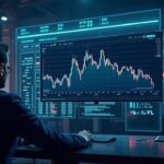 Sala de redacción cripto futurista: un operador observa una pantalla dividida con gráficos mientras HBAR se acerca a $0.10 en medio del debilitamiento de los flujos de ETF.