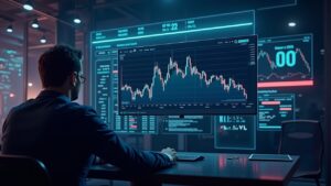 Sala de redacción cripto futurista: un operador observa una pantalla dividida con gráficos mientras HBAR se acerca a $0.10 en medio del debilitamiento de los flujos de ETF.