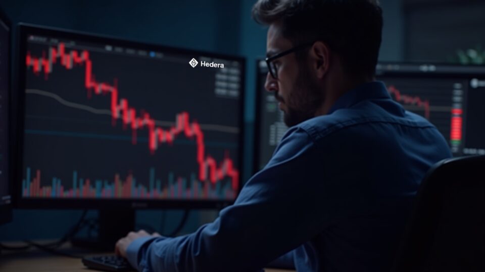 Escritorio de trading cripto fotorrealista con un operador concentrado; gráficos rojos de HBAR y una flecha hacia abajo en los monitores, logo de Hedera visible.