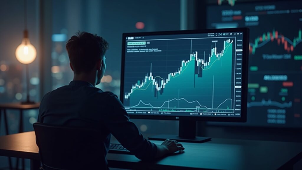 Trader cripto fotorrealista en una sala de redacción viendo un gráfico de precios de HBAR con visuales DeFi y flechas de rebote