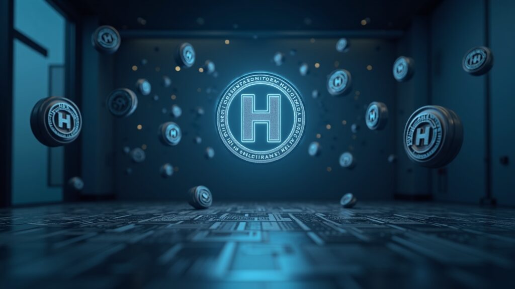 Logotipo de Hedera centrado, rodeado de sellos gubernamentales y tokens RWA flotantes en una elegante escena de sala de prensa.