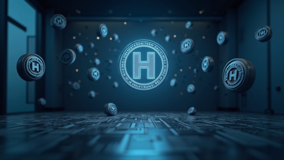 Logotipo de Hedera centrado, rodeado de sellos gubernamentales y tokens RWA flotantes en una elegante escena de sala de prensa.