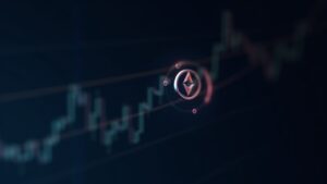 Logotipo fotorealista de Hedera sobre un gráfico de trading de criptomonedas con una línea descendente del Chaikin Money Flow (CMF) y flujos de entrada institucionales que se desvanecen.