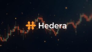 Encabezado fotorrealista con el logotipo de Hedera centrado, íconos de Bitcoin desvaneciéndose y un gráfico de precios en consolidación ajustada de fondo.