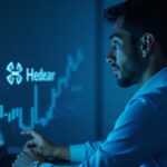 Primer plano de un analista financiero en un estudio moderno con un logotipo holográfico de Hedera HBAR y un gráfico de precios al estilo bitcoin.