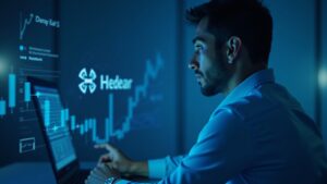 Primer plano de un analista financiero en un estudio moderno con un logotipo holográfico de Hedera HBAR y un gráfico de precios al estilo bitcoin.