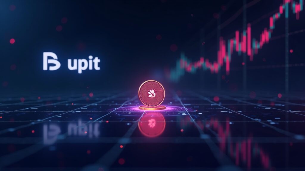 Token HumidiFi WET centrado en un elegante panel de criptomonedas con los logotipos de Upbit y Bithumb y un resplandeciente impulso en KRW