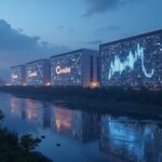 Centro de datos realista de IA junto a un río al anochecer con una sutil marca de Google, salas de datos luminosas y una superposición de gráficos del mercado cripto