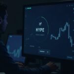 Escena fotorrealista de redacción: operador en escritorio con monitor que muestra HYPE en un rango estrecho, logo de Aster y un icono de quema de tokens.