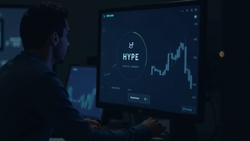 Escena fotorrealista de redacción: operador en escritorio con monitor que muestra HYPE en un rango estrecho, logo de Aster y un icono de quema de tokens.