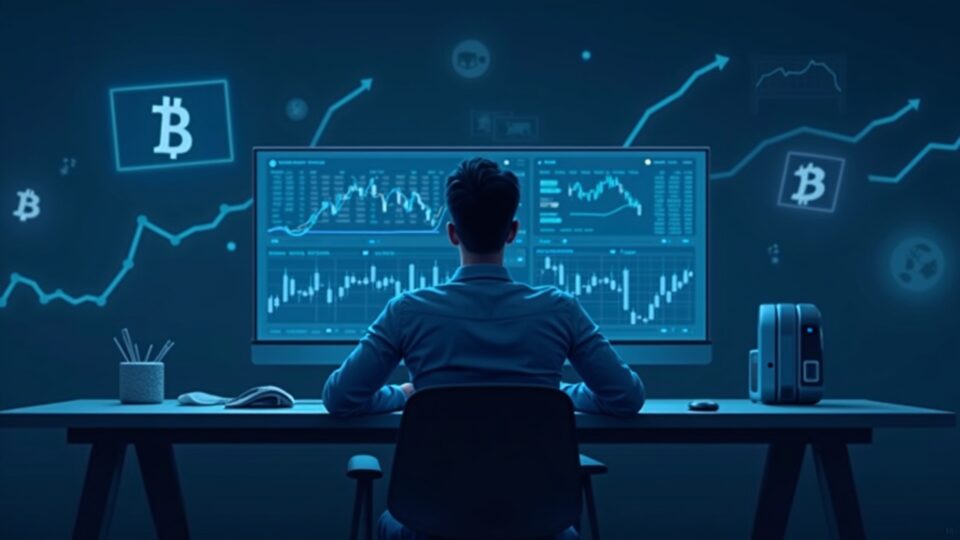 Comerciante fotorrealista en un escritorio moderno con gráficos de Bitcoin en pantallas de vidrio y logotipos desvanecidos de Fed y BoJ