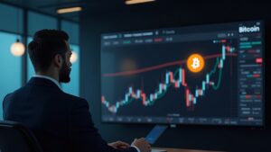 Un inversor profesional en una elegante sala de trading observa una pantalla mural relacionada con Bitcoin con un gráfico estable y datos en tiempo real.