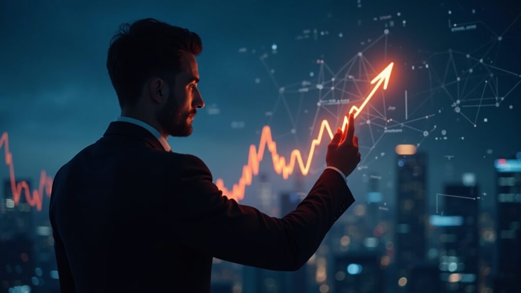 Un ejecutivo analiza un gráfico cripto resplandeciente del 7–10% en medio de un fondo de red digital y el horizonte de la ciudad.