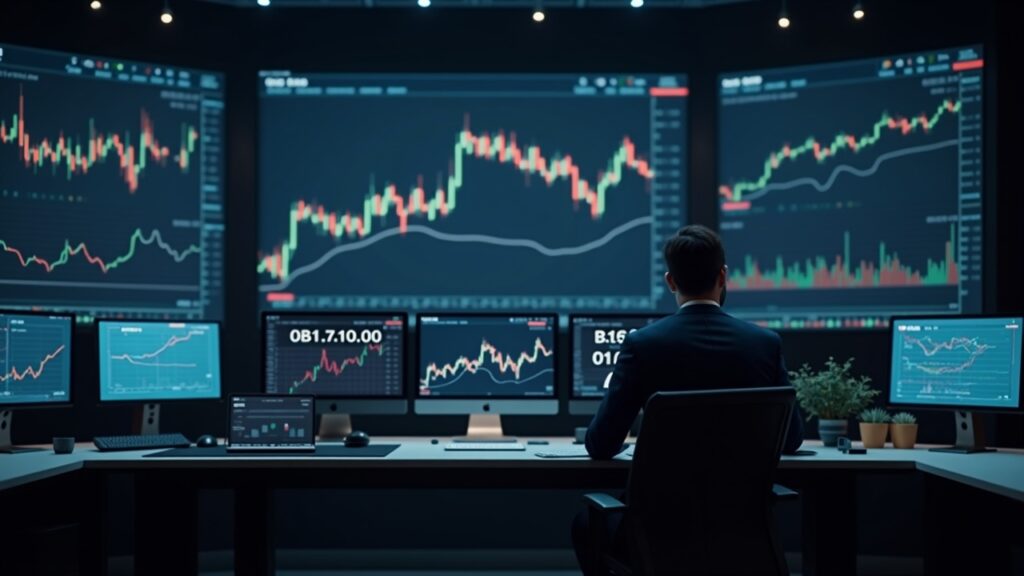 Encabezado fotorrealista de sala de redacción: ejecutivo en una sala de trading con gráficos de Bitcoin y un contador de BTC en aumento