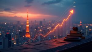 Horizonte de Tokio al anochecer con un token cripto luminoso que pasa de un icono de pago a un gráfico de valores en ascenso, con el sello de la FSA.